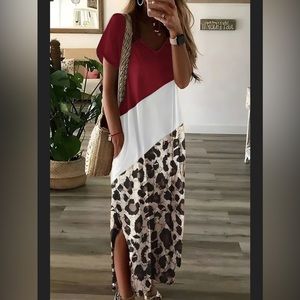 #51 Red & Leopard Color Block Maxi Dress w/Pockets